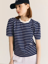Load image into Gallery viewer, CITYBREEZE Puff Sleeve Striped T-shirt Navy (IZ*ONE MINJU’s Pick)