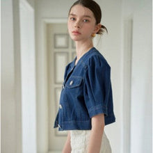 Load image into Gallery viewer, [DK SHOP] Puff Sleeve Cubic Button Cropped Denim Jacket

