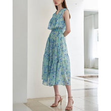 Load image into Gallery viewer, [DK SHOP] Emerald Blue Printing Belt Set Tiered Chiffon Dress
